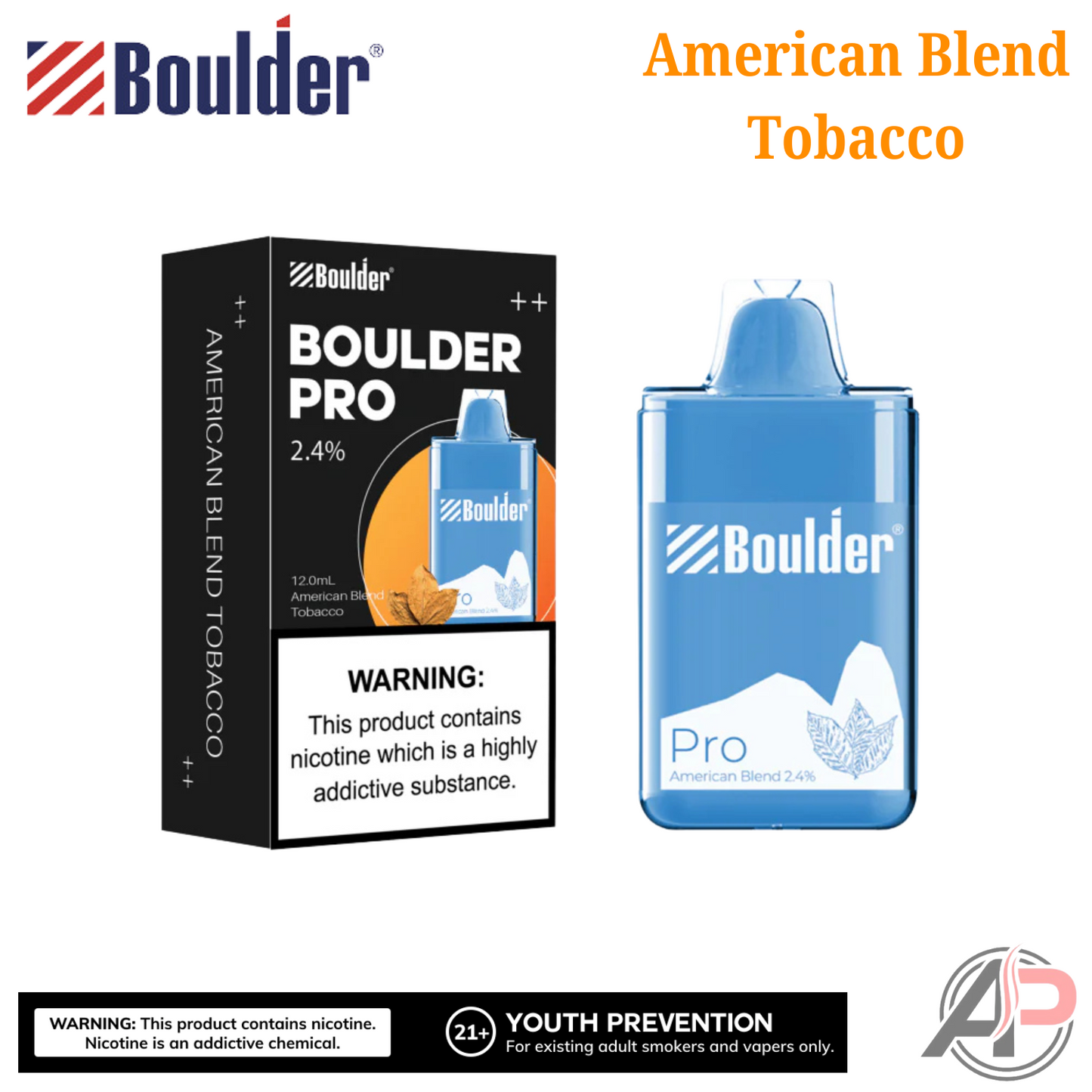 Boulder Pro American Blend Tobacco 5000 Puffs Disposable Vape Device Blue