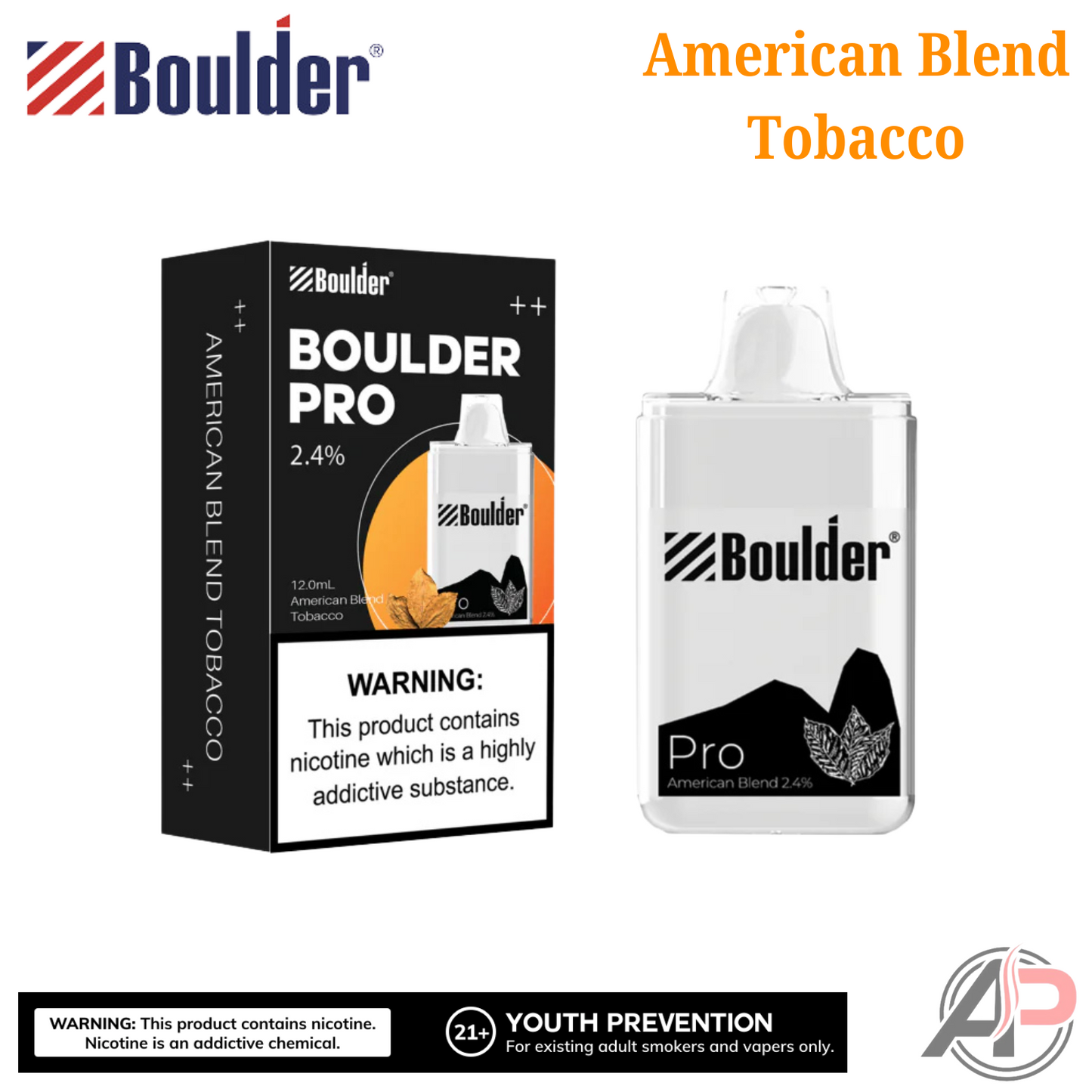 Boulder Pro American Blend Tobacco 5000 Puffs Disposable Vape Device White