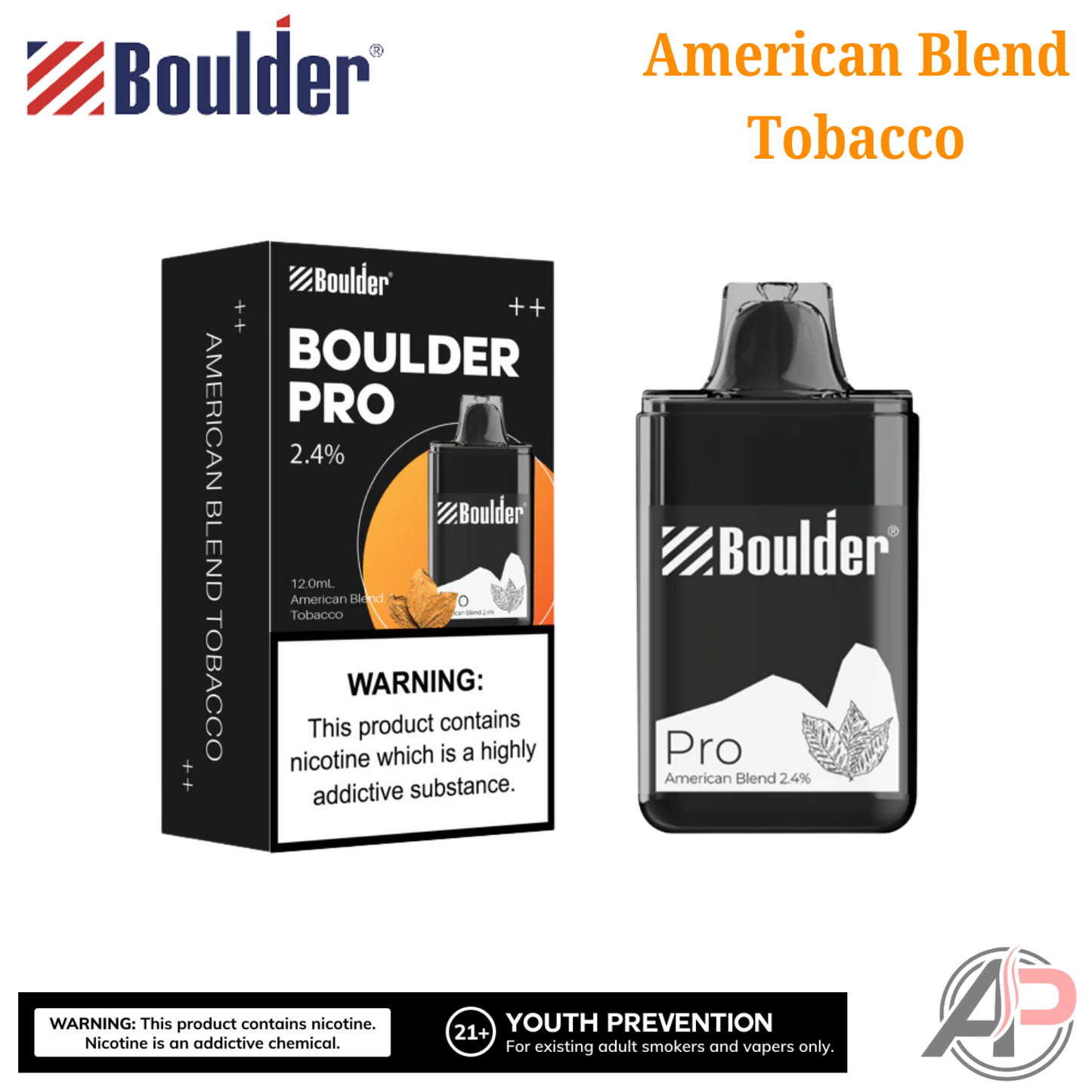 Boulder Pro American Blend Tobacco 5000 Puffs Disposable Vape Device Black