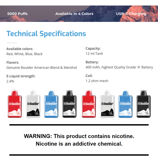 Boulder Pro American Blend Tobacco 5000 Puffs Disposable Vape Device