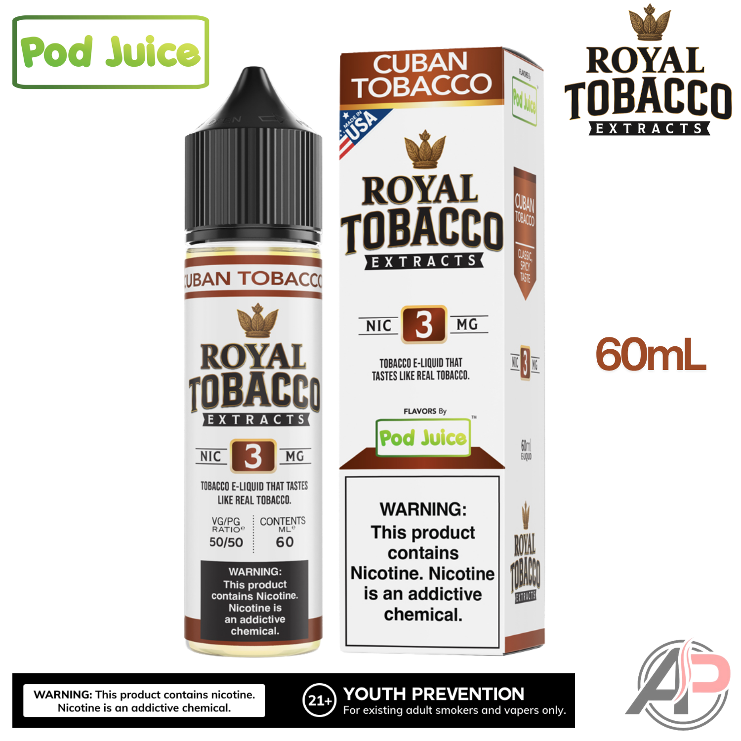 Pod Juice Royal Tobacco Extracts Cuban Tobacco E-Liquid 60mL  Apvs