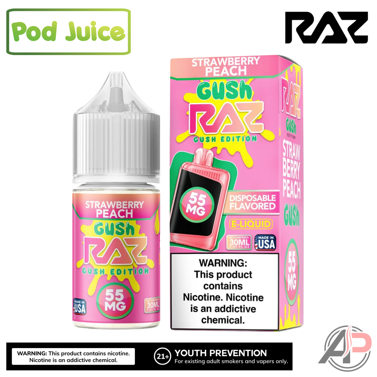 Pod Juice x Raz LTX Strawberry Peach Gush Salt Nicotine 30mL