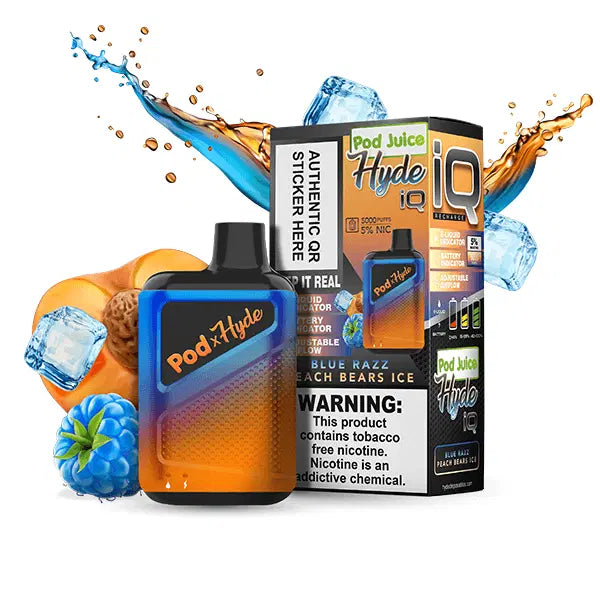 Pod Juice Hyde IQ 5000 Puffs Disposable Vape Device Blue Razz Peach Bears Ice