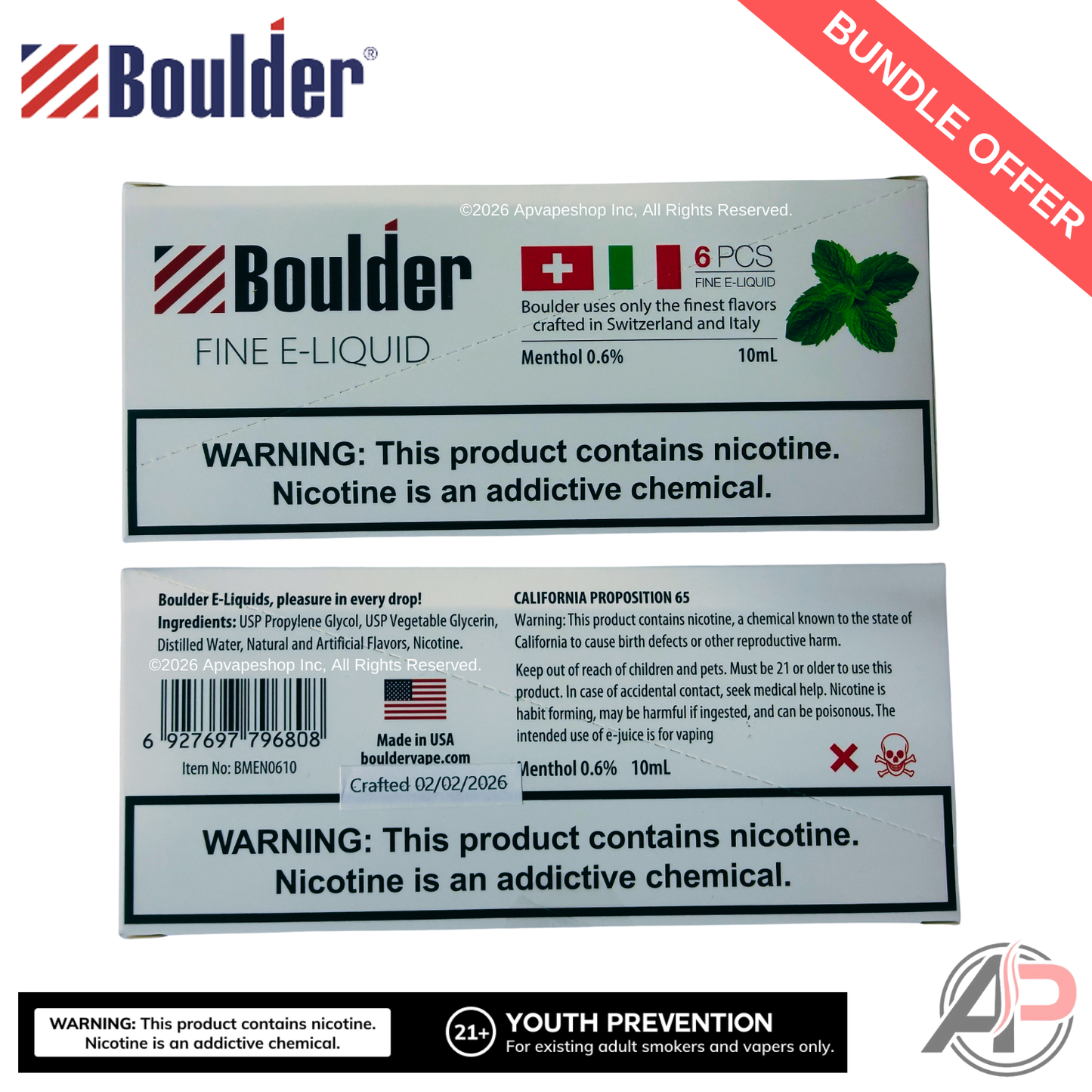 Boulder Menthol E-Liquid 10mL 6 Bottle Bundle Box
