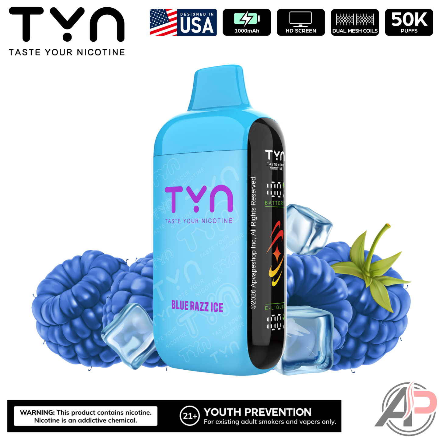 Tyn 50000 Puffs Disposable Vape Device Blue Razz Ice