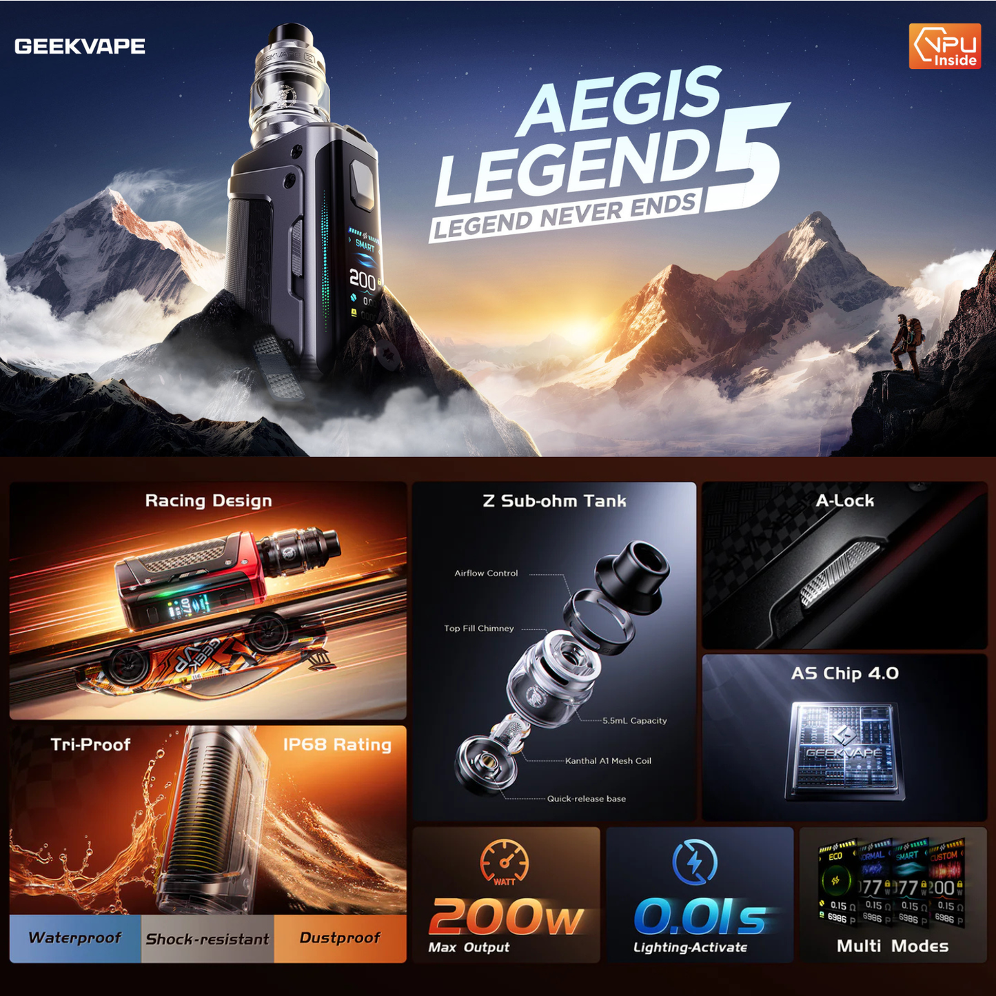 Geek Vape Aegis Legend 5 200W Mod Starter Kit Device