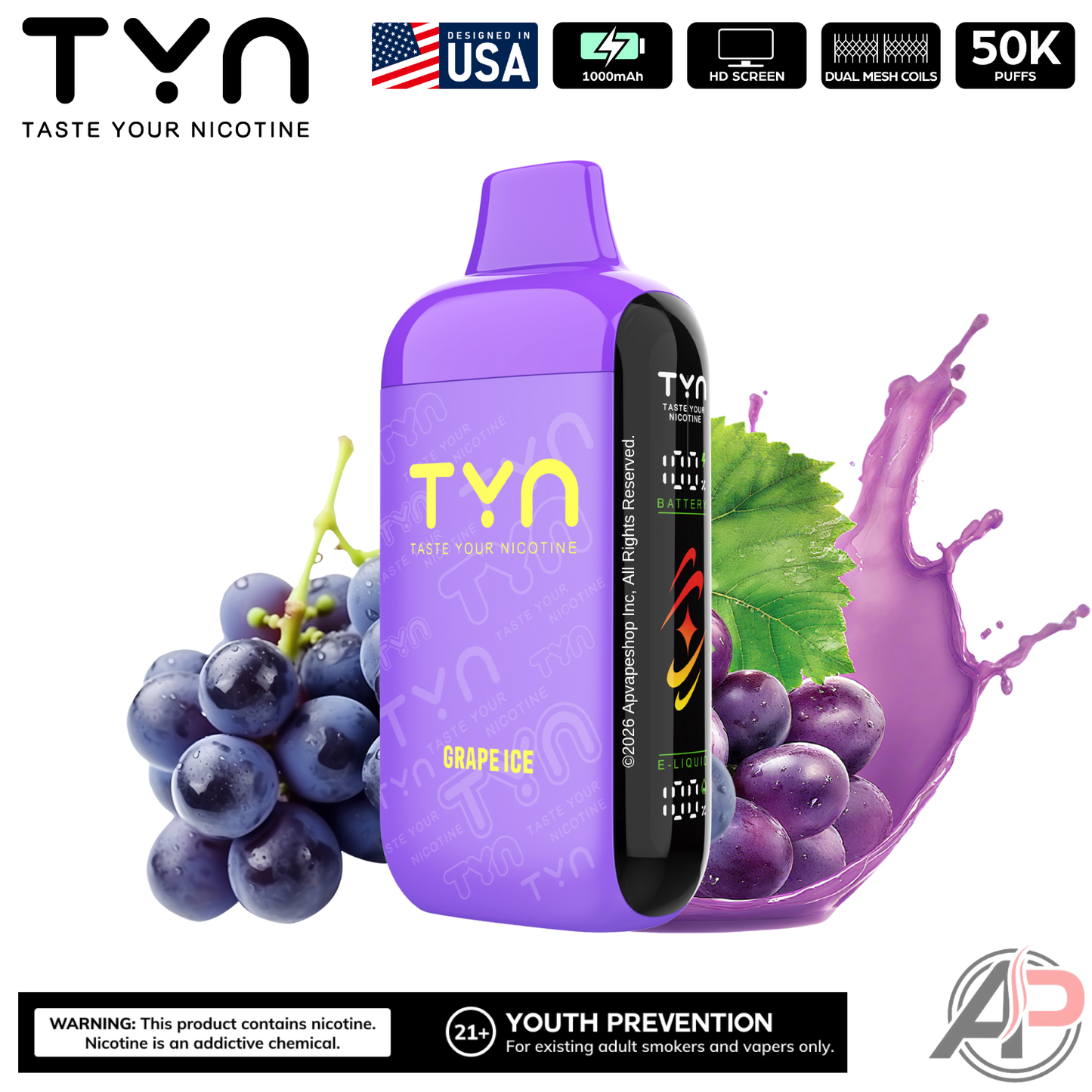 Tyn 50000 Puffs Disposable Vape Device Grape Ice