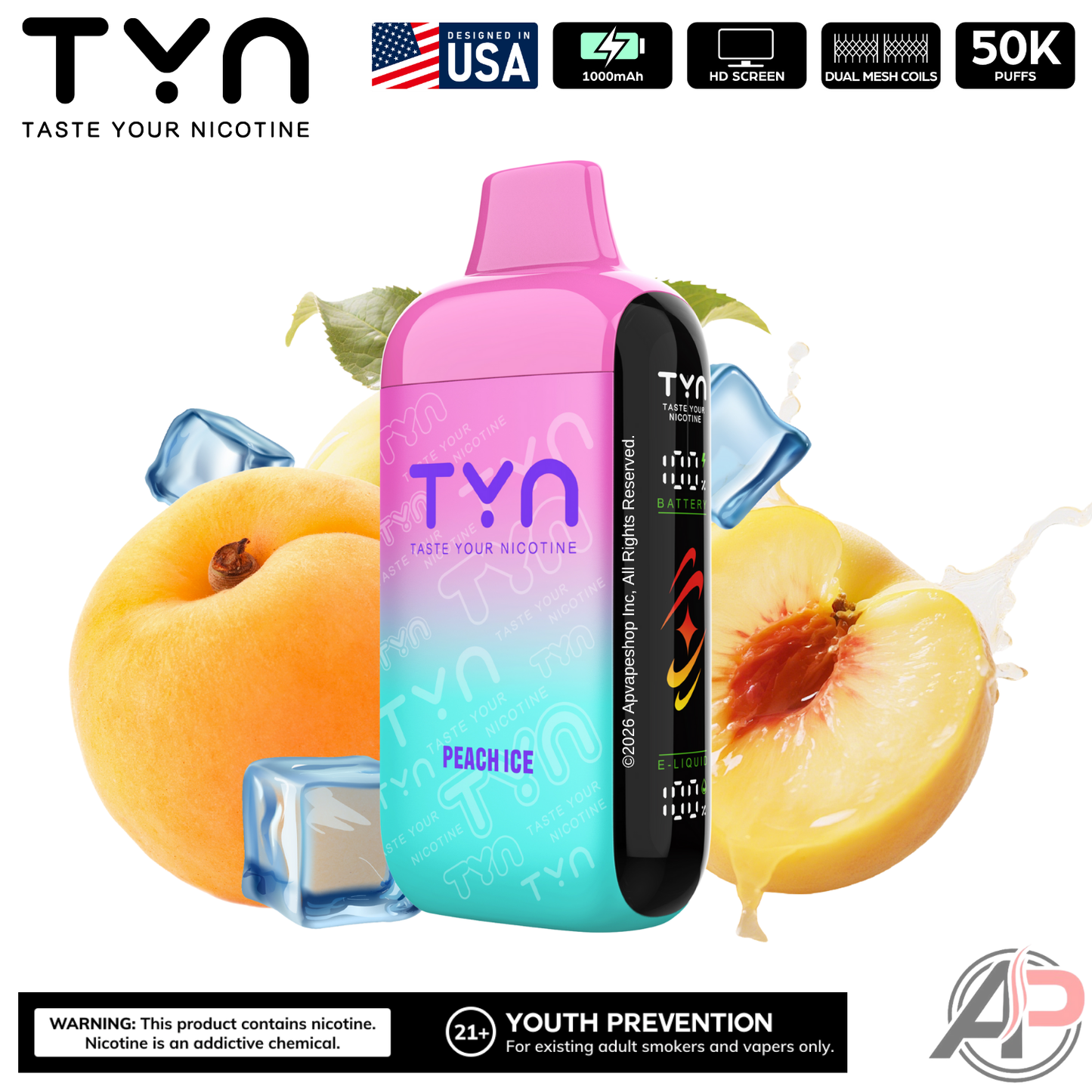 Tyn 50000 Puffs Disposable Vape Device Peach Ice