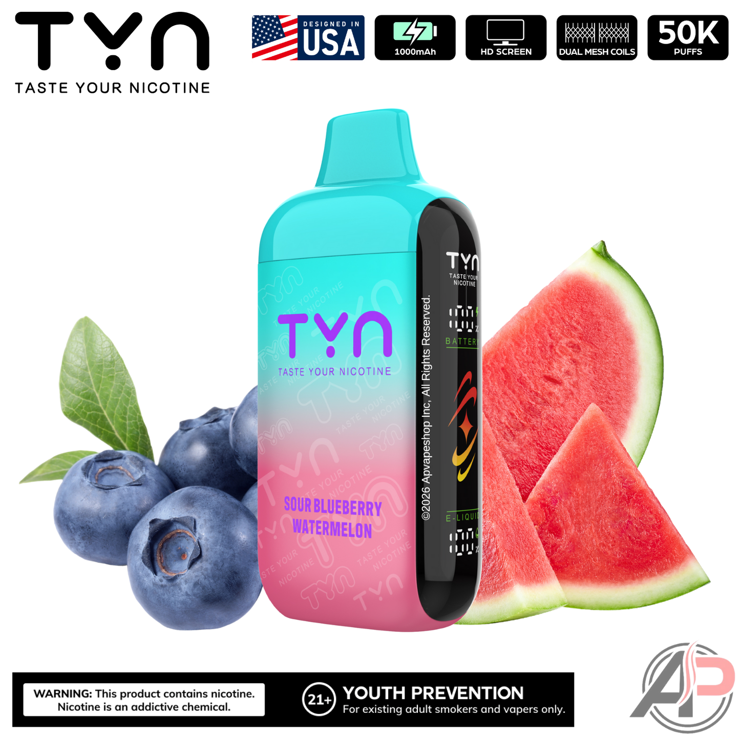 Tyn 50000 Puffs Disposable Vape Device Sour Blueberry Watermelon