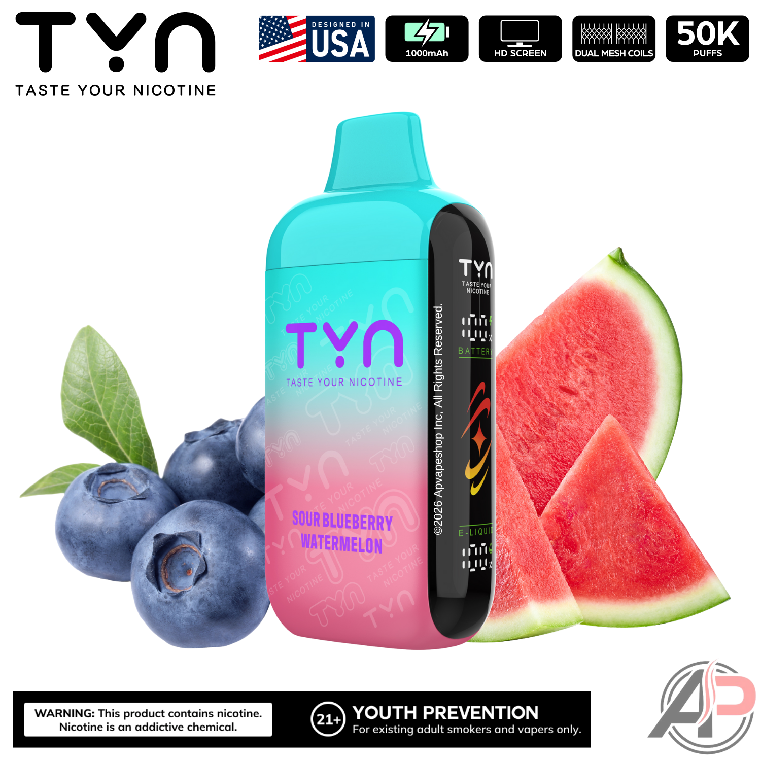 Tyn 50000 Puffs Disposable Vape Device Sour Blueberry Watermelon