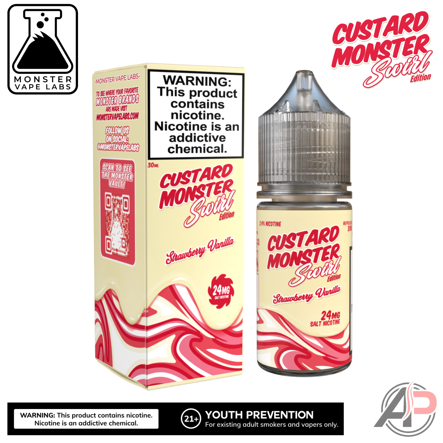 Strawberry Vanilla E-Liquid By Custard Swirl Monster Vape Labs 100mL Apvs Strawberry Vanilla E-Liquid By Custard Swirl Monster Vape Labs 100mL Apvs