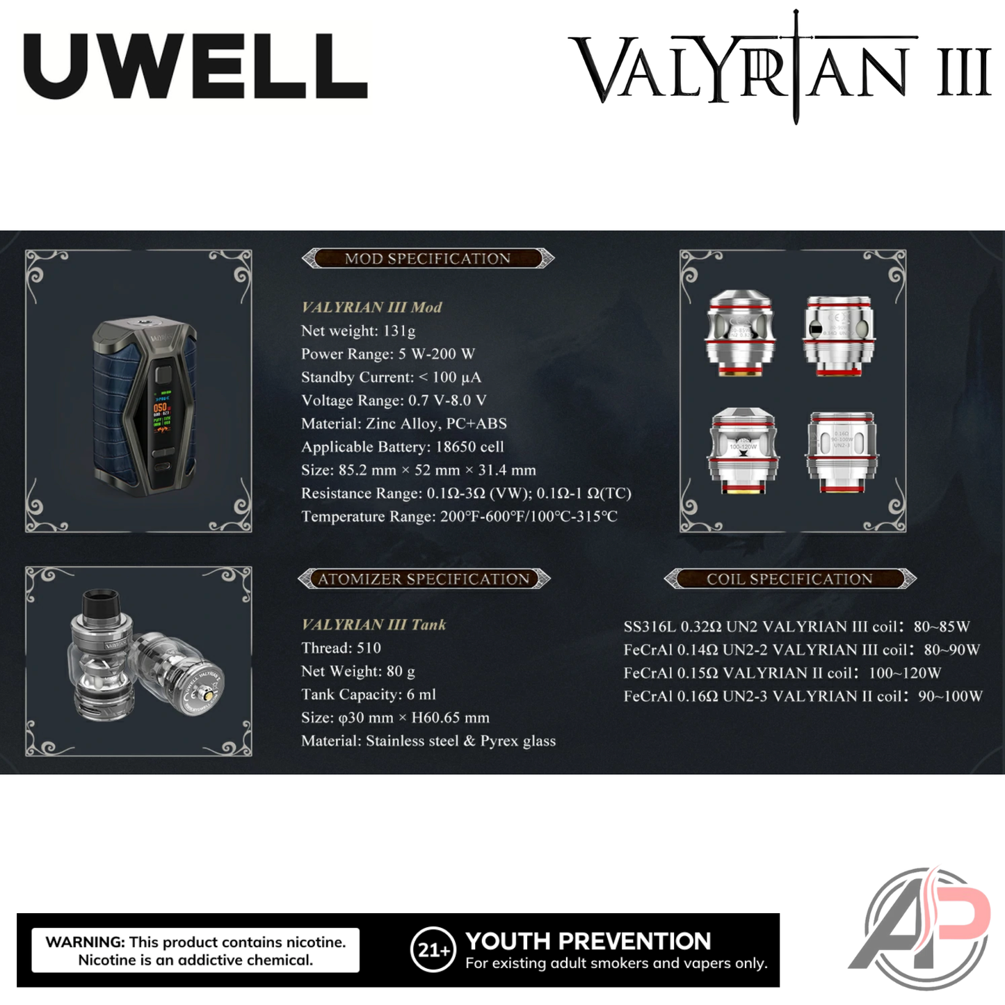 Uwell Valyrian 3 200W Box Mod Starter Kit Device