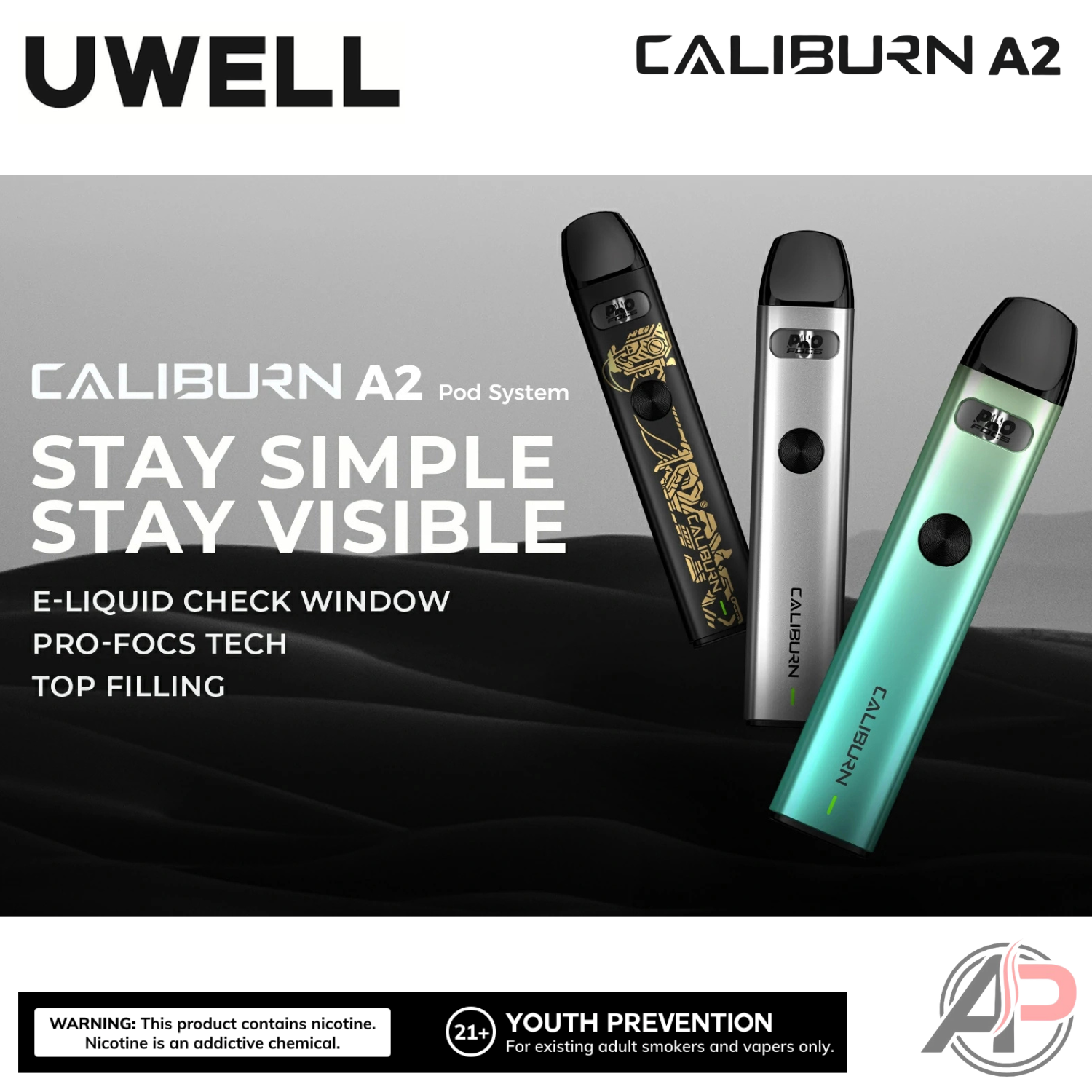 UWELL Caliburn A2 15W Pod System Starter Kit Device | AP Vape Shop Apvs UWELL Caliburn A2 15W Pod System Starter Kit Device | AP Vape Shop Apvs