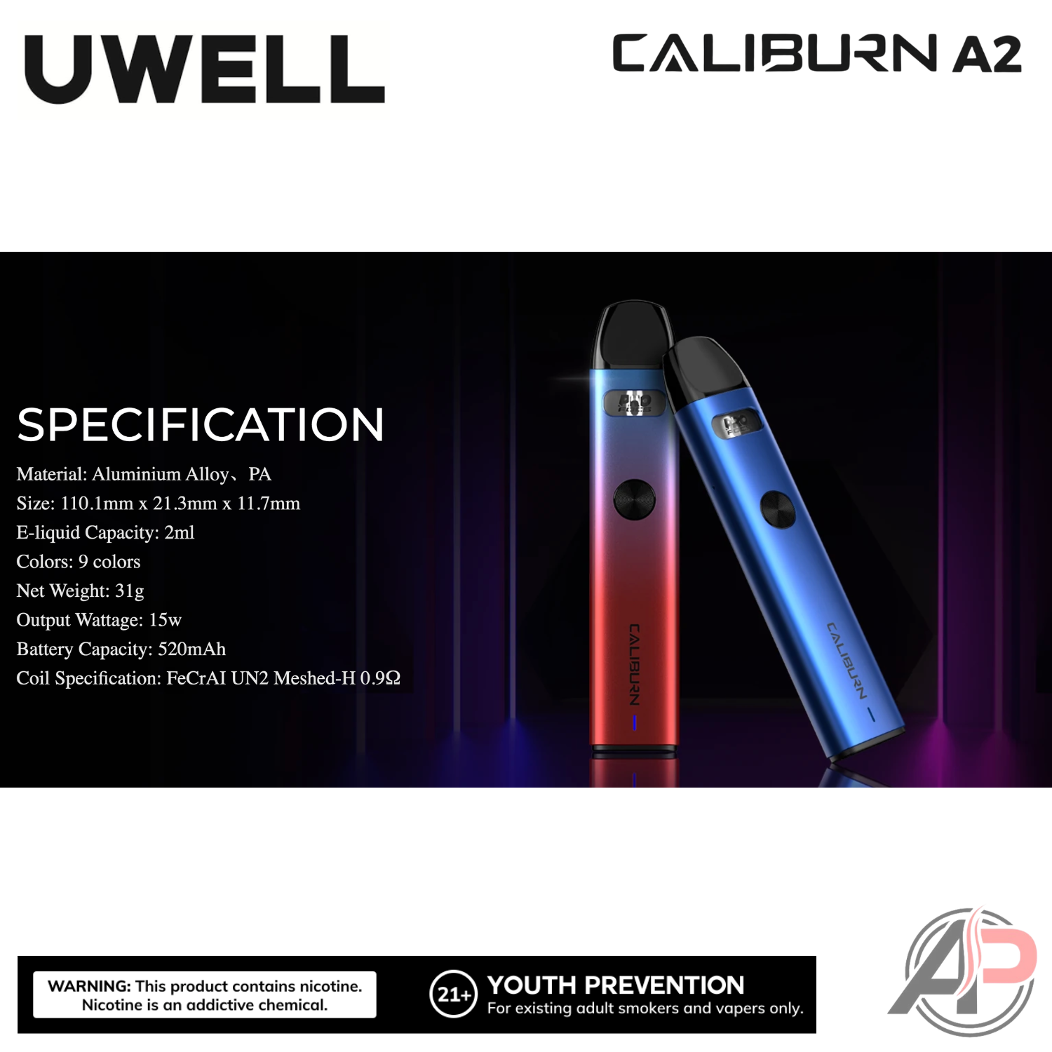 UWELL Caliburn A2 15W Pod System Starter Kit Device | AP Vape Shop Apvs UWELL Caliburn A2 15W Pod System Starter Kit Device | AP Vape Shop Apvs