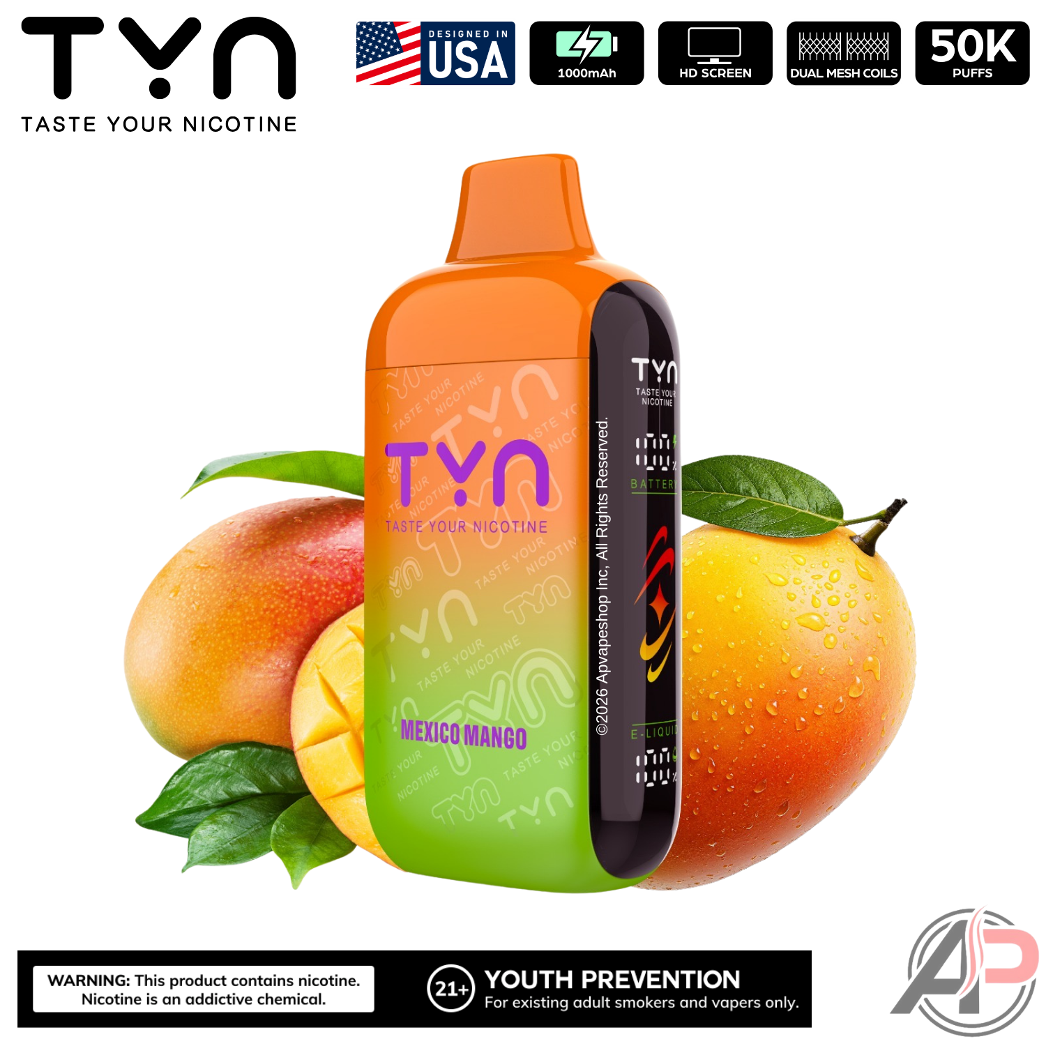 Tyn 50000 Puffs Disposable Vape Device Mexico Mango