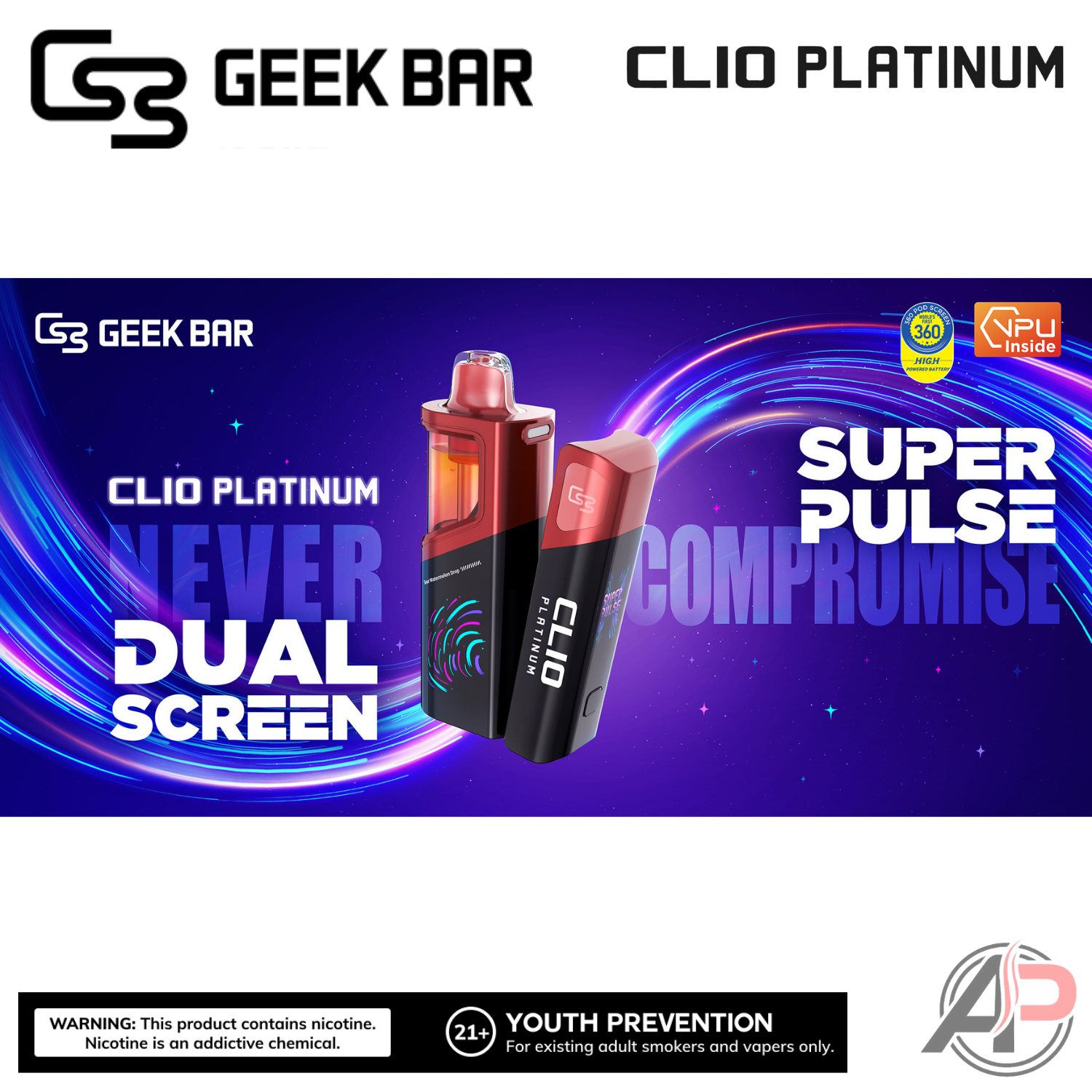 Geek Bar Clio Platinum 50,000 Puffs Disposable Vape Device Kit Apvs Geek Bar Clio Platinum 50,000 Puffs Disposable Vape Device Kit Apvs