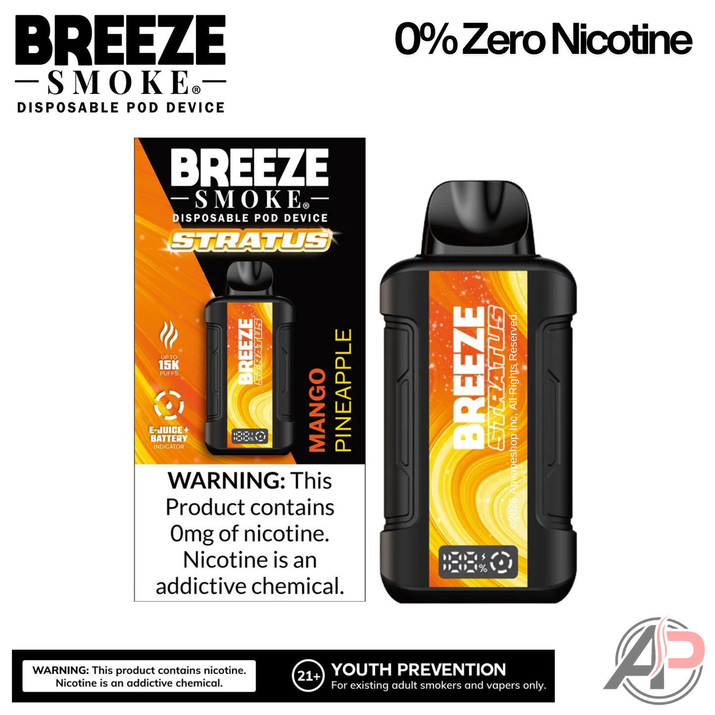 Breeze Smoke Stratus 15k Puffs Disposable Vape 0% Zero Nicotine