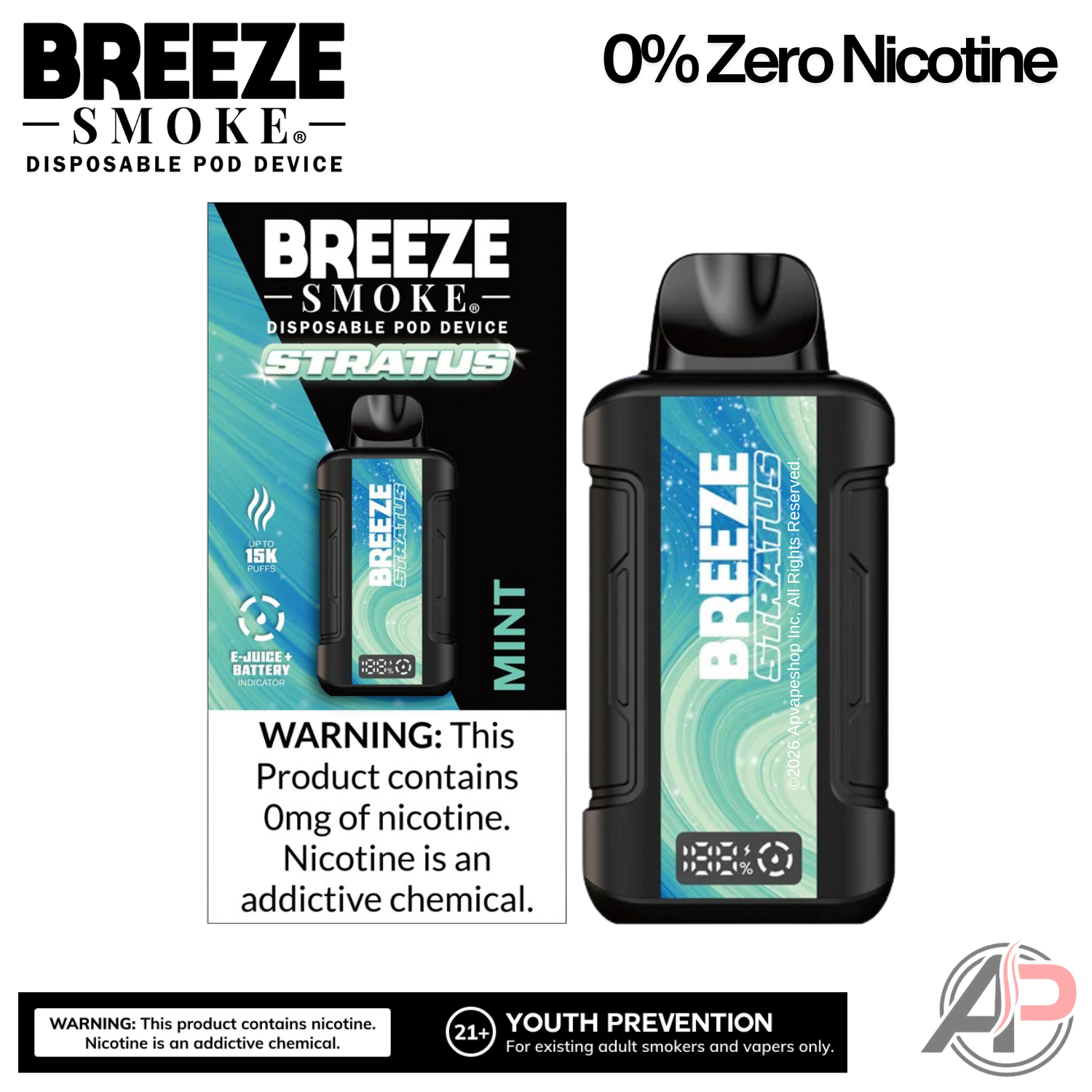 Breeze Smoke Stratus 15k Puffs Disposable Vape 0% Zero Nicotine