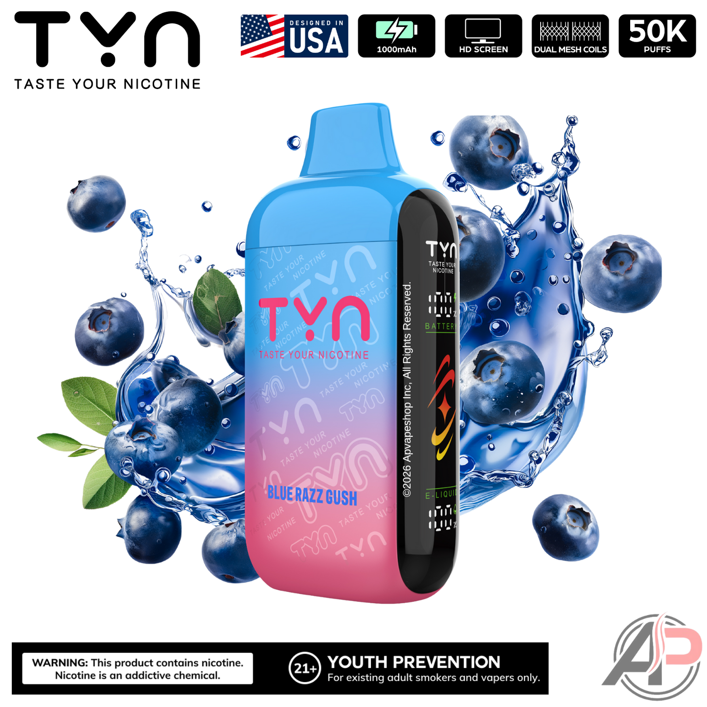 Tyn 50000 Puffs Disposable Vape Device Blue Razz Gush