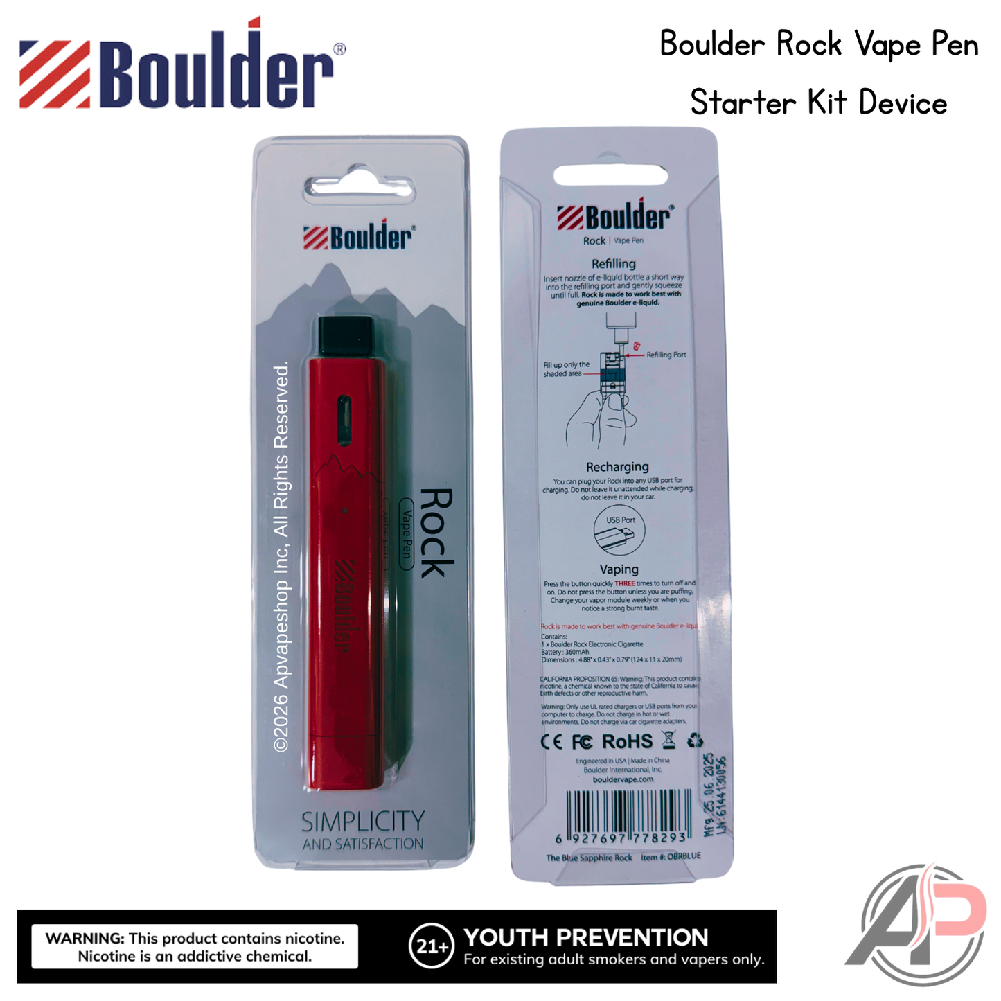 Boulder Rock Vape Pen Starter Kit Device Red