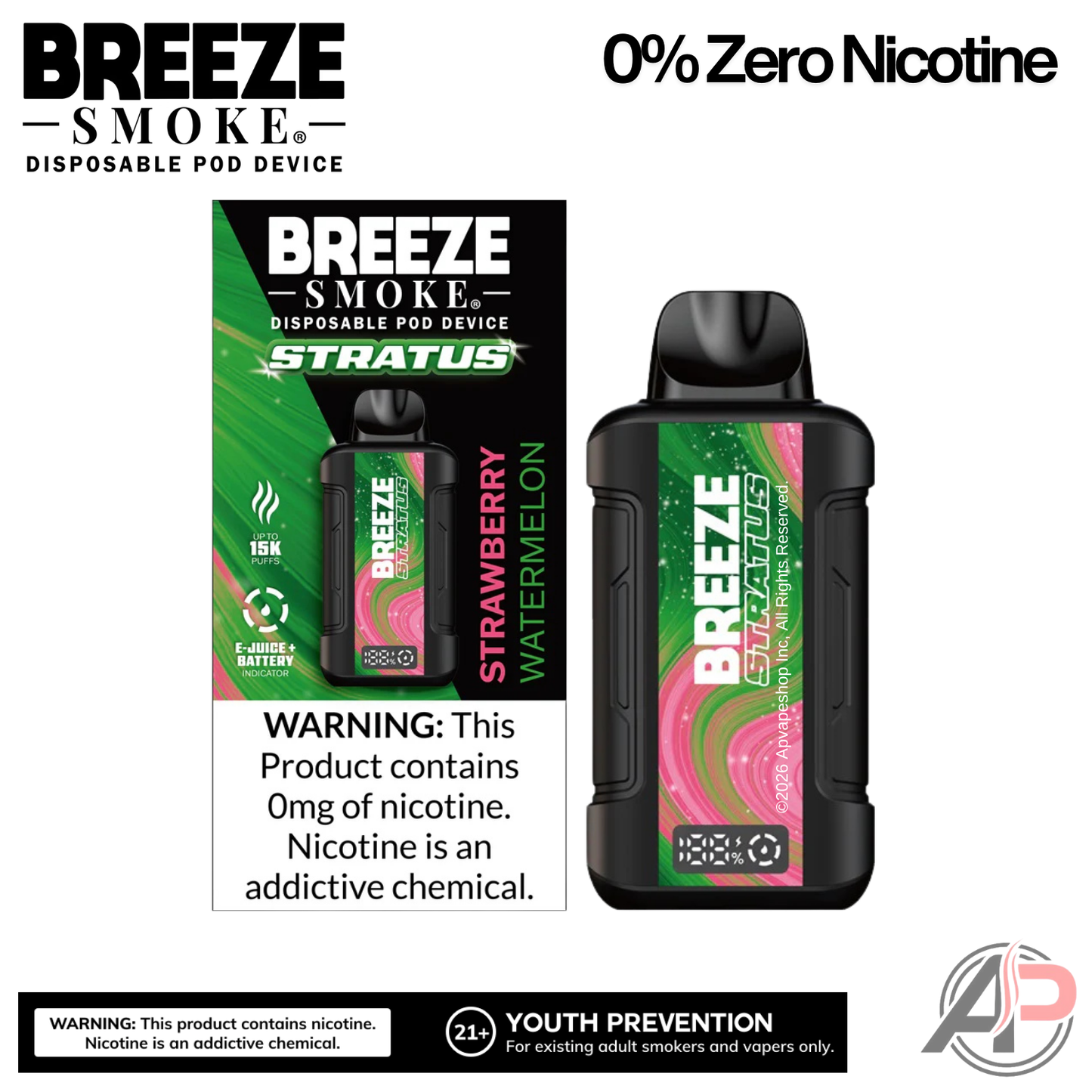 Breeze Smoke Stratus 15k Puffs Disposable Vape 0% Zero Nicotine