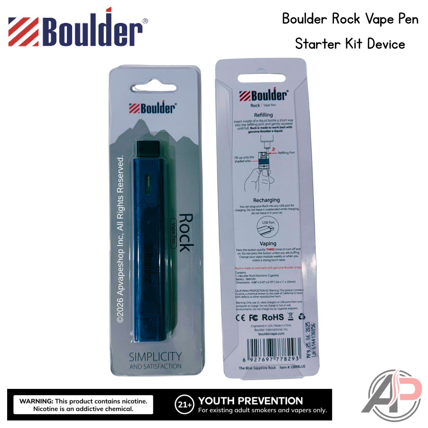 Boulder Rock Vape Pen Starter Kit Device Blue Sapphire