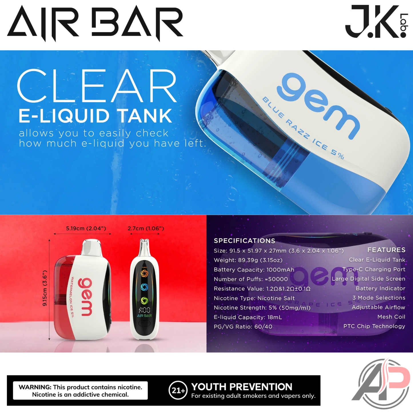 Air Bar Gem 50k Puffs Disposable Vape Device