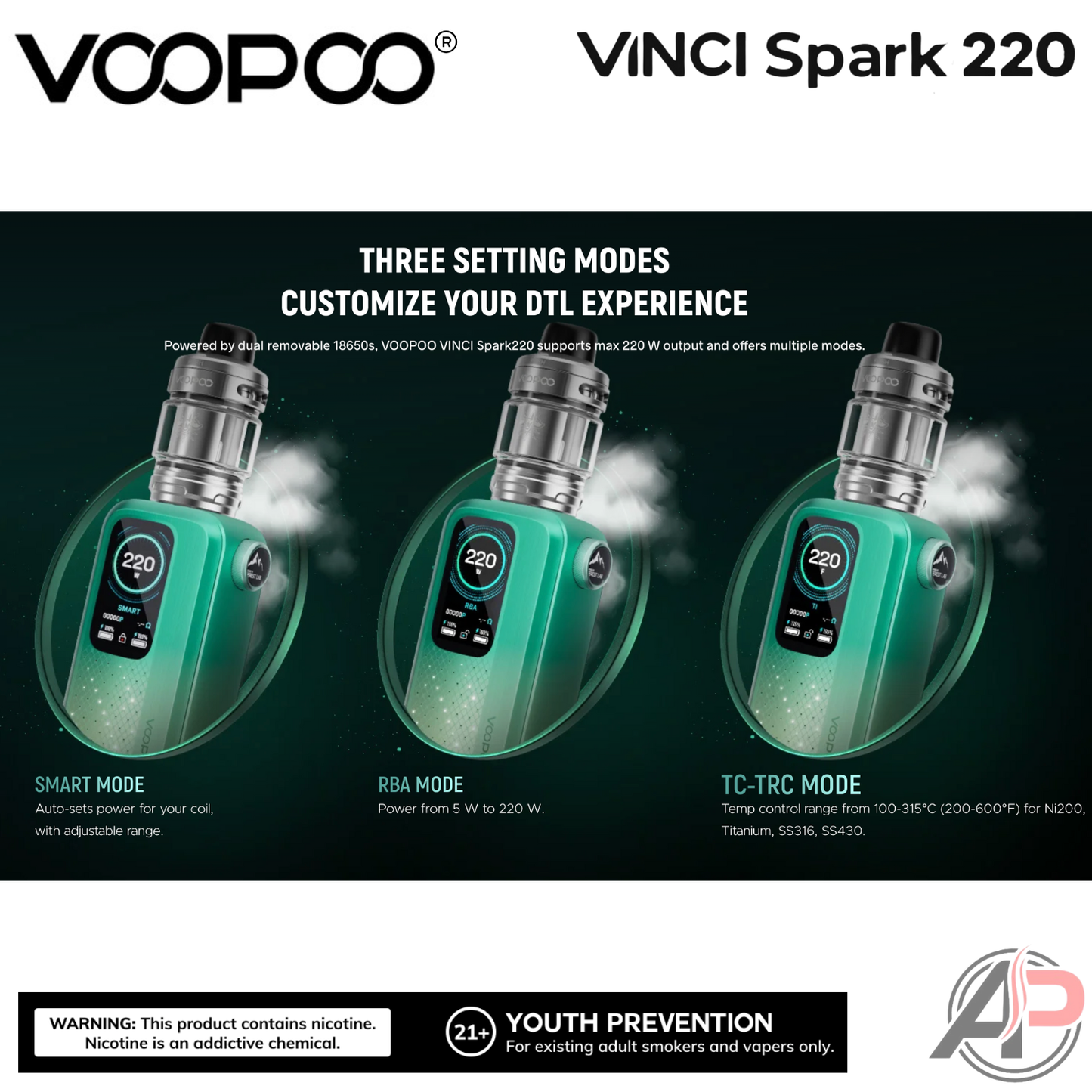 Voopoo Vinci Spark 220W Box Mod Starter Kit Device Apvs Voopoo Vinci Spark 220W Box Mod Starter Kit Device Apvs