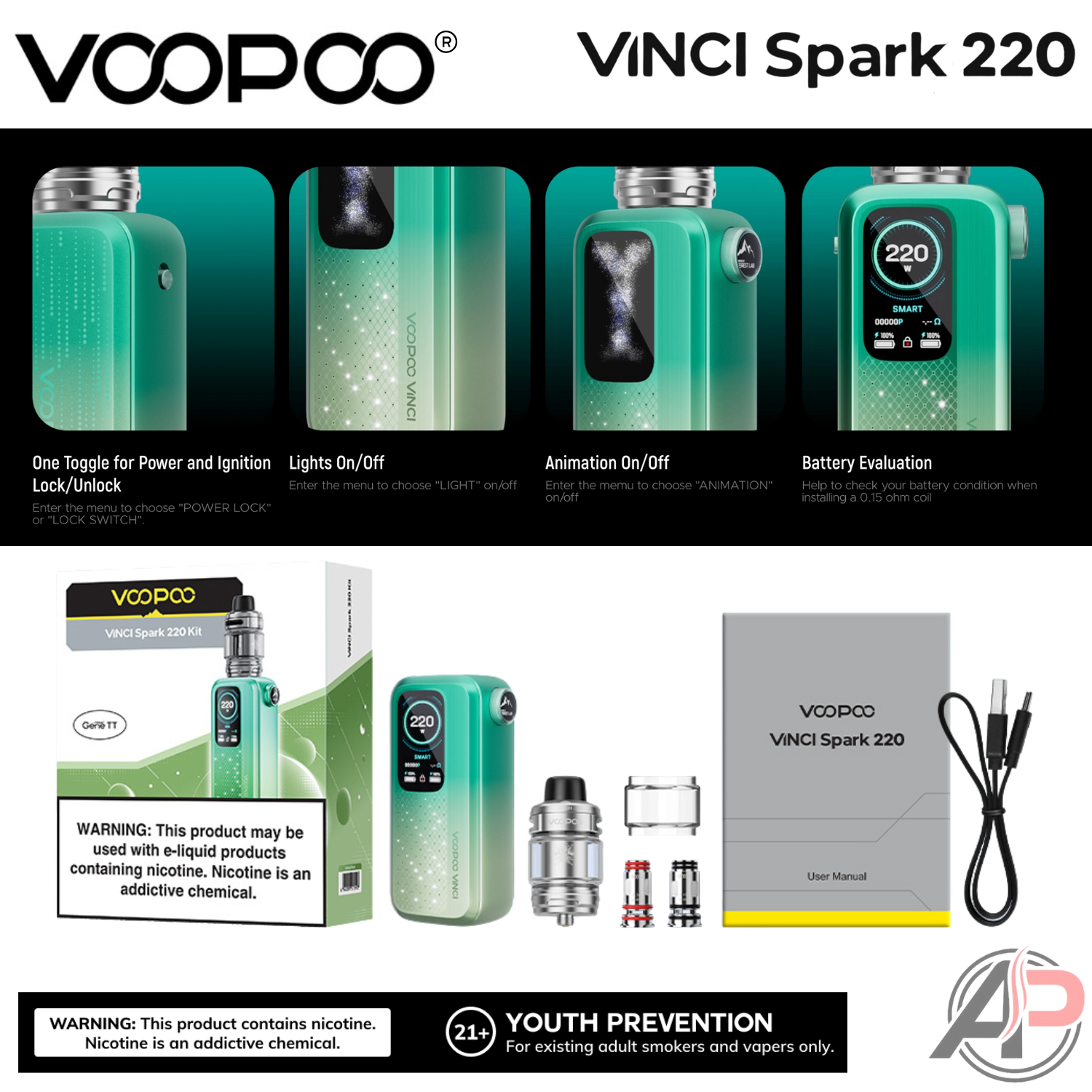 Voopoo Vinci Spark 220W Box Mod Starter Kit Device Apvs Voopoo Vinci Spark 220W Box Mod Starter Kit Device Apvs