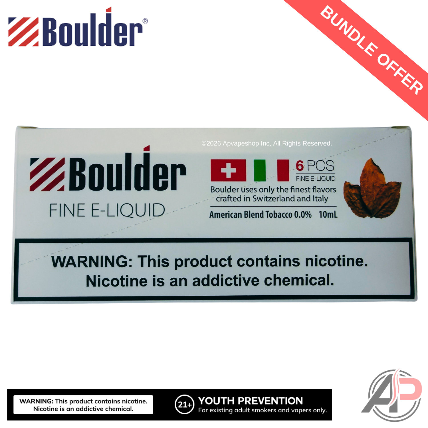 Boulder American Blend Tobacco E-Liquid 10mL 6 Bottle Bundle Box  Apvs