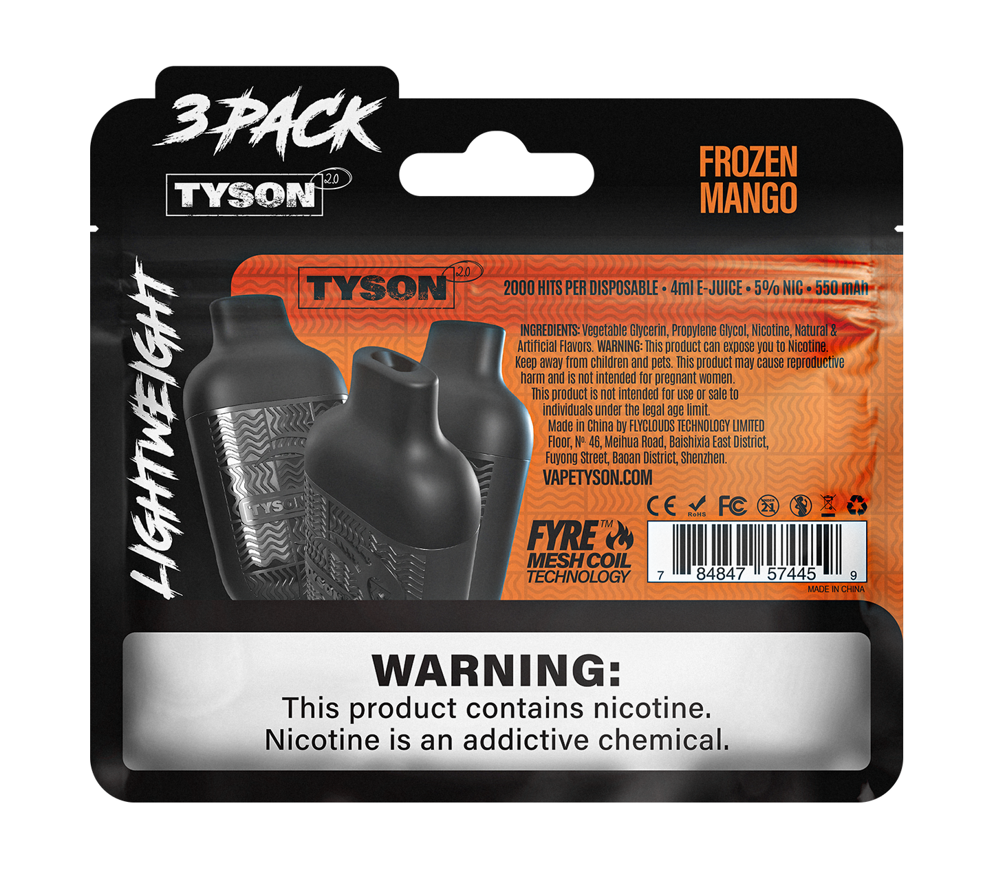 Tyson 2.0 Lightweight 6000 Puffs Disposable Vape Device 3 Pack