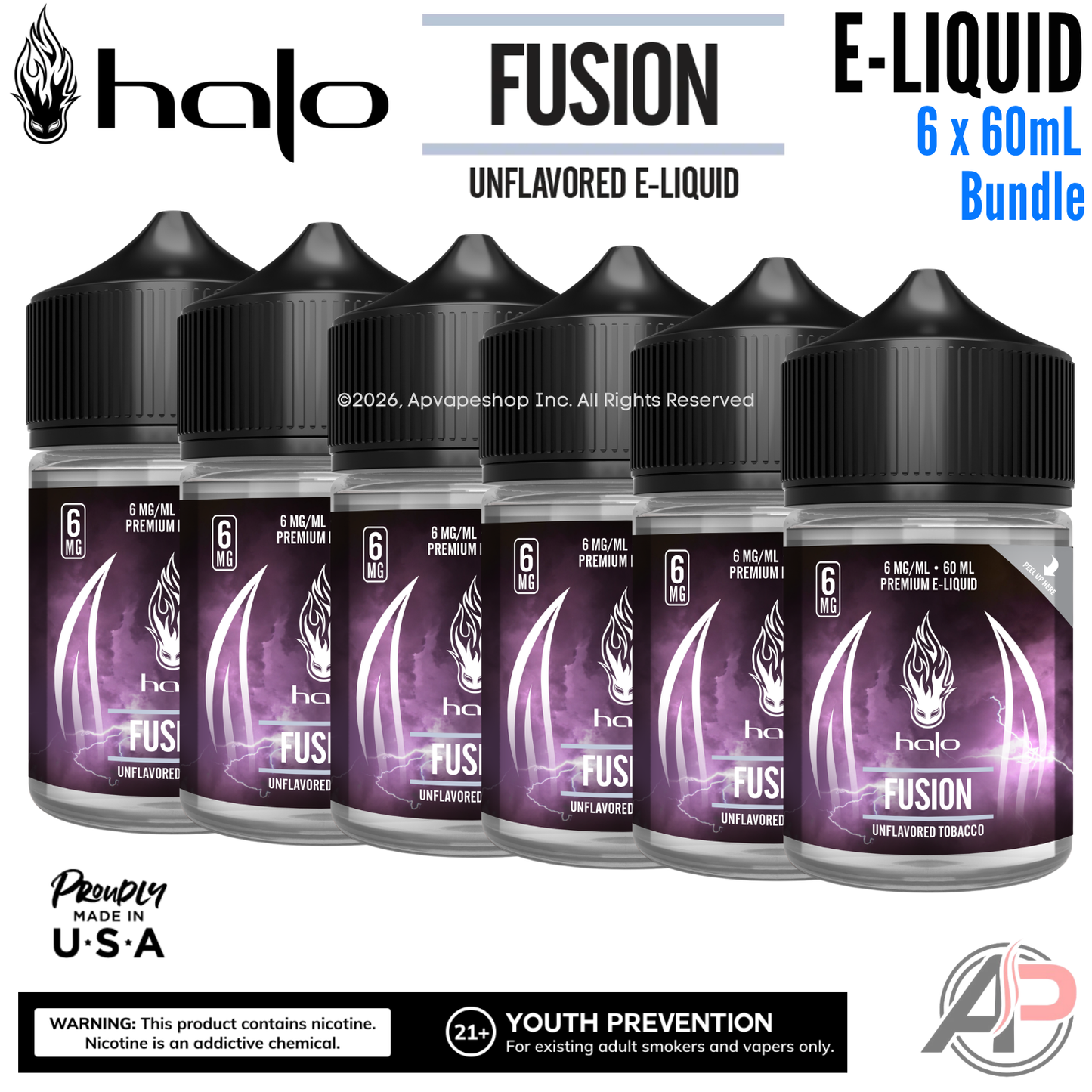 Halo Fusion Unflavored Tobacco E-Liquid 60mL 6 Bottle Bundle Box