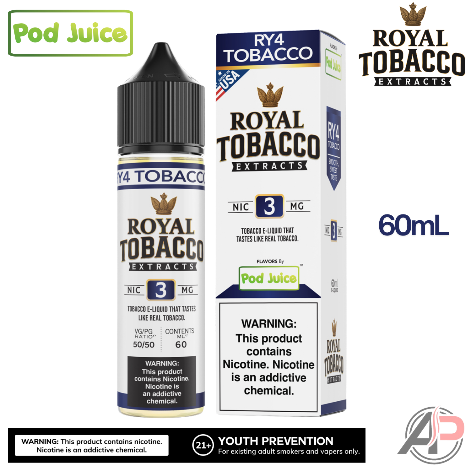 Pod Juice Royal Tobacco Extracts RY4 Tobacco E-Liquid 60mL