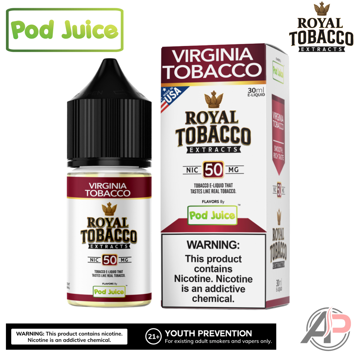 Pod Juice Royal Tobacco Extracts Virginia Tobacco Salt Nicotine 30mL