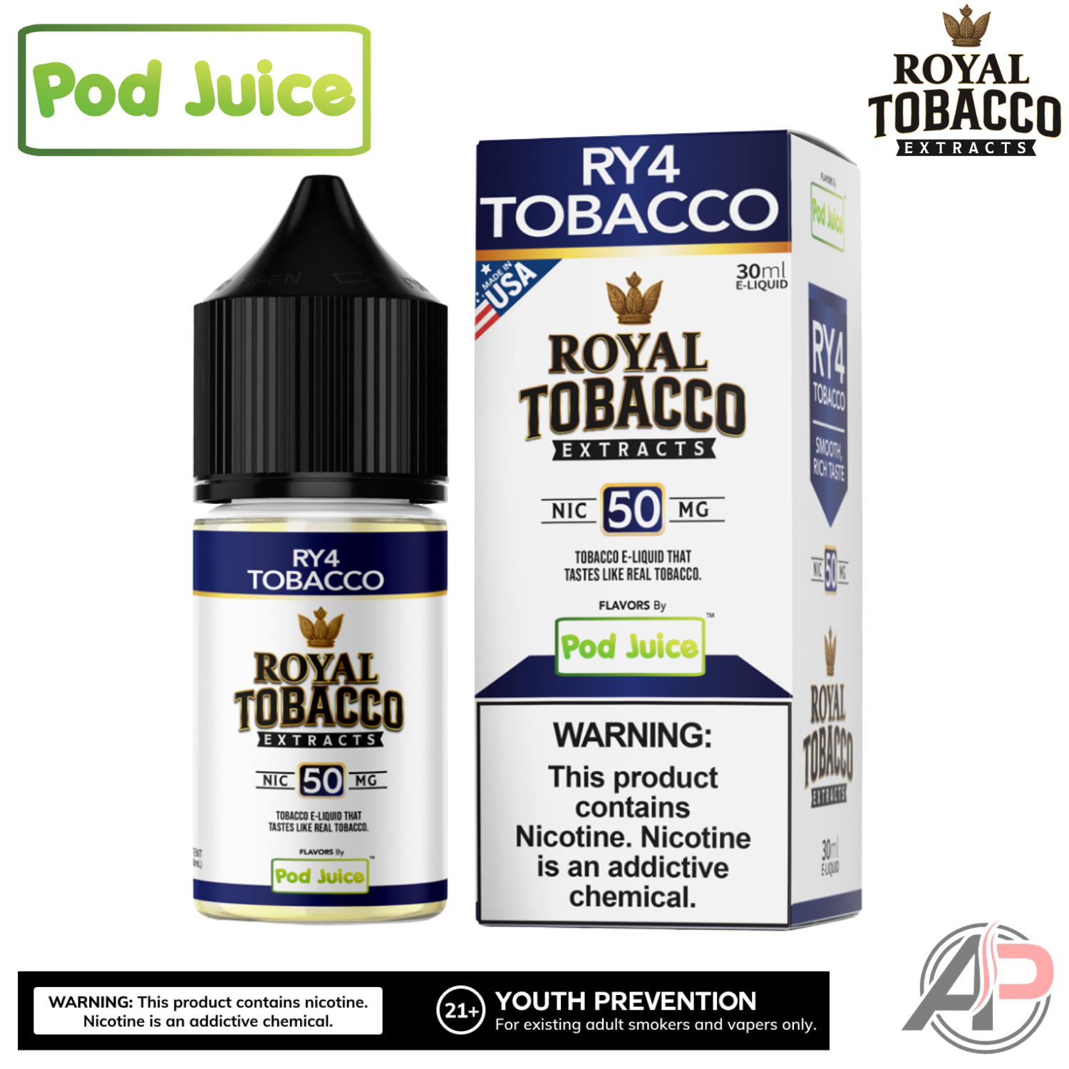 Pod Juice Royal Tobacco Extracts RY4 Tobacco Salt Nicotine 30mL