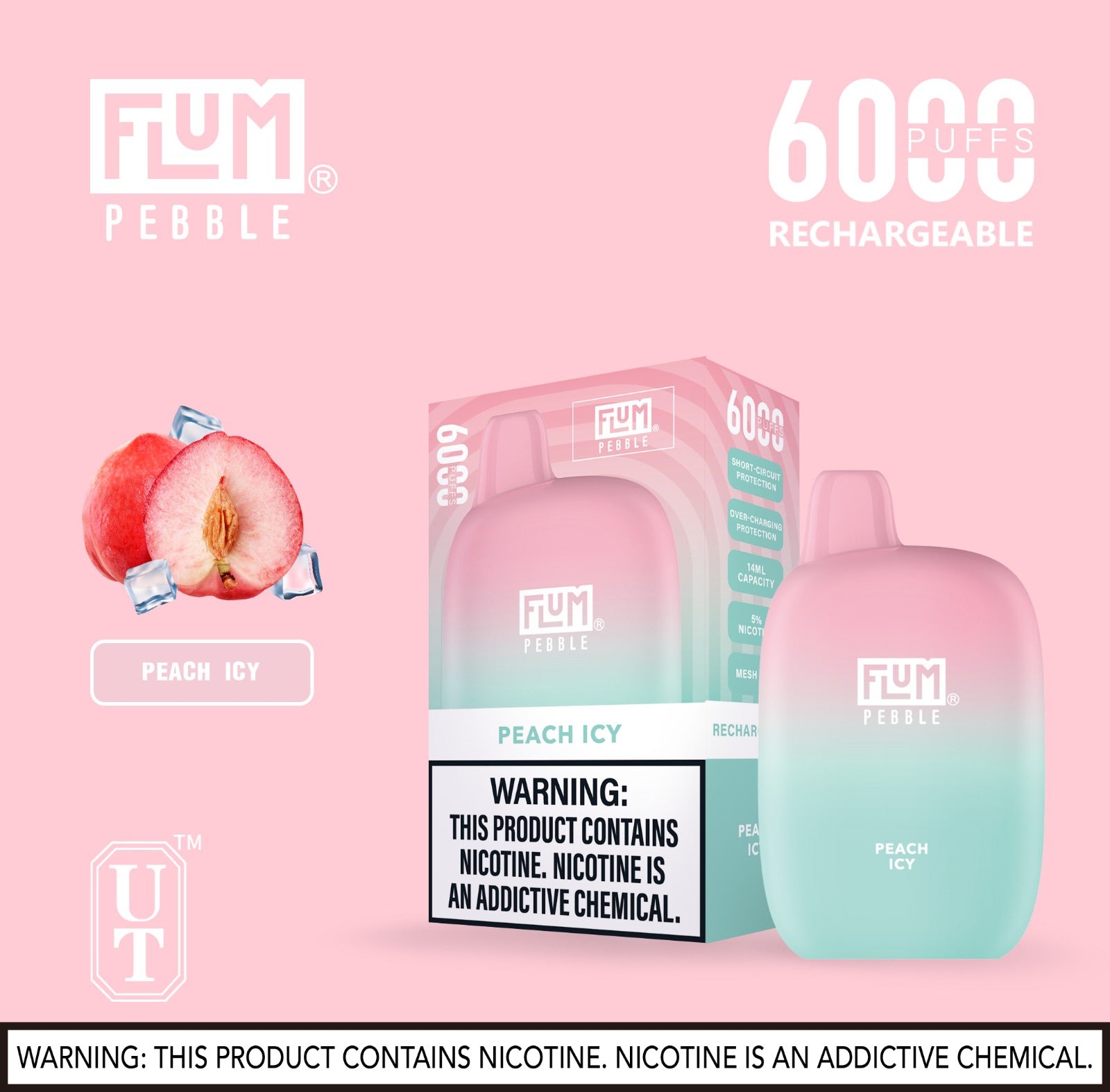 Flum Pebble Vape 6000 Puffs Disposable Device Peach Icy