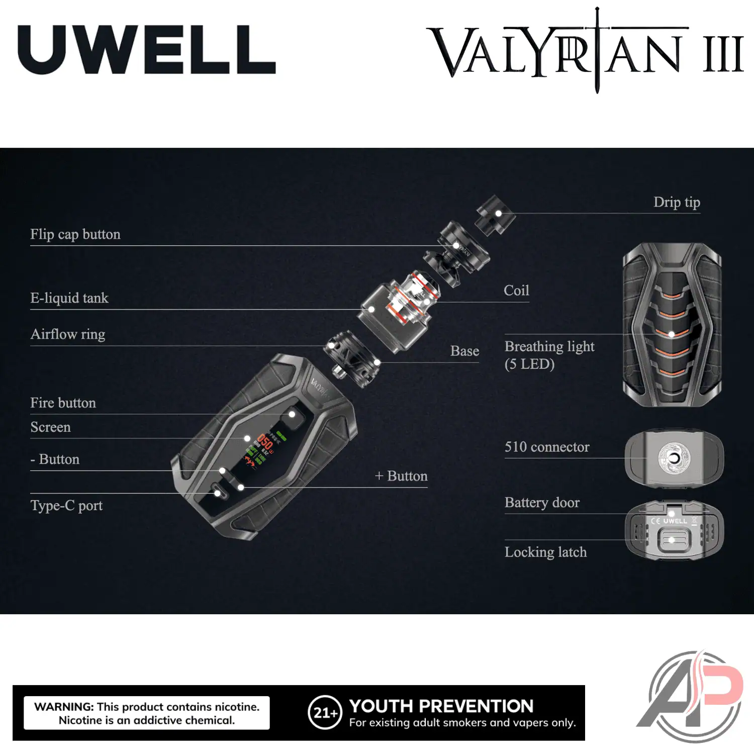 3 battery vape mod Uwell Valyrian 200W Box Starter Kit Device Option:Pineapple Ice 50mg sb3 Foger Vape Magnetic Charger