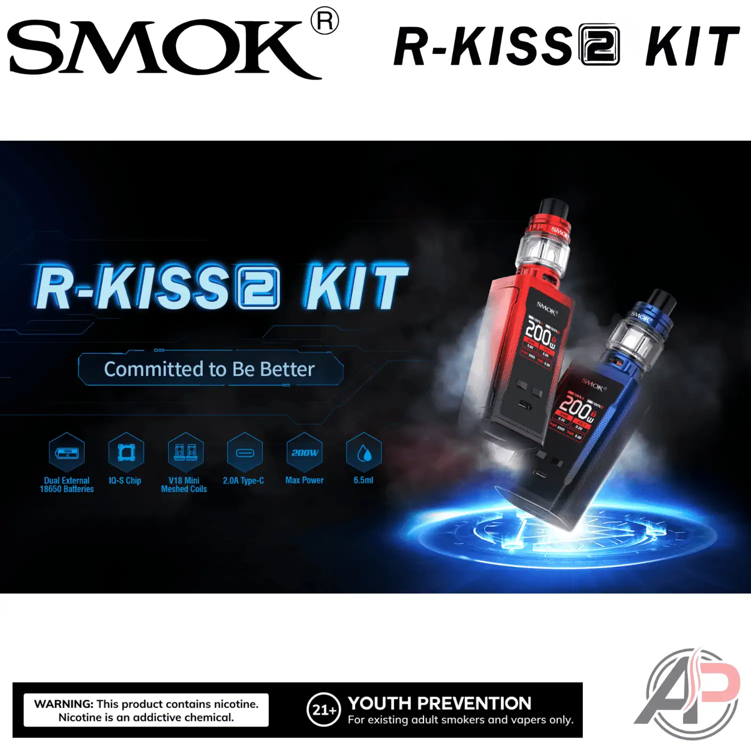 box mod vape kit with battery Smok R-Kiss 2 200W Starter Device Falvours:Mint Ice Product Type_Vape Kit FAQs